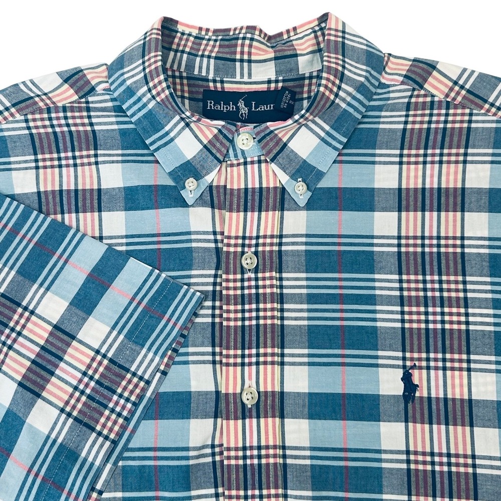 Ralph Lauren Classic Fit Shirt Mens L Blue PInk Plaid Button Down Preppy Golf